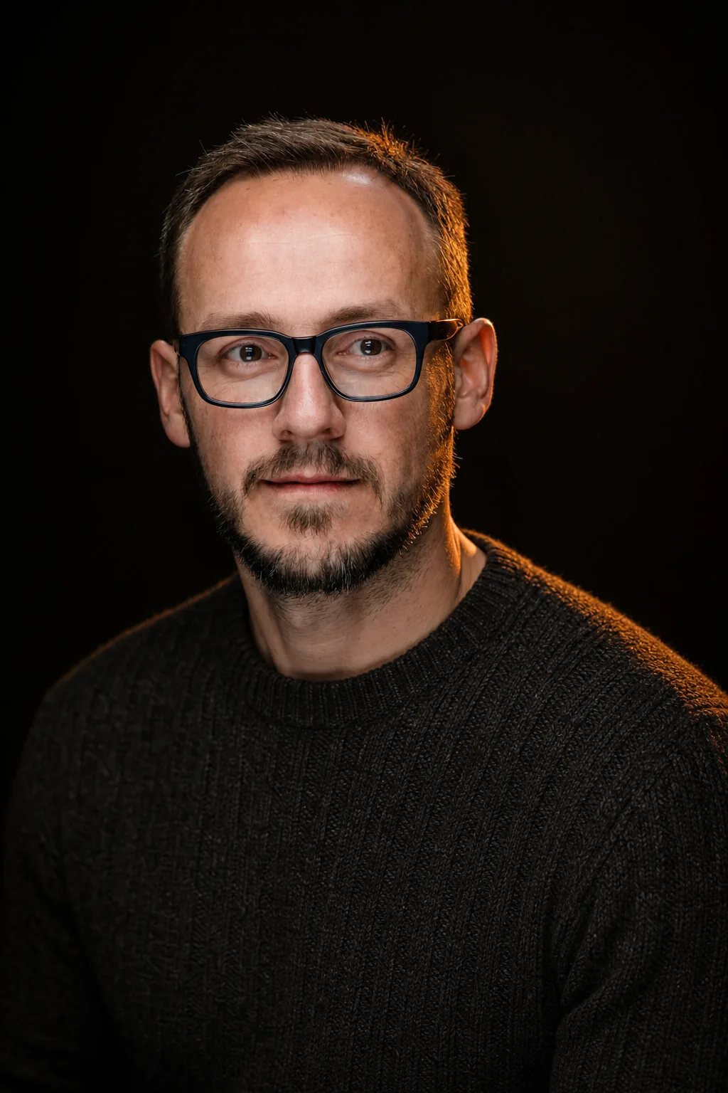 Tom Meredith, founder of Dual Cognition, in a dual-light portrait: warm light on one side of his face, cool light on the other.