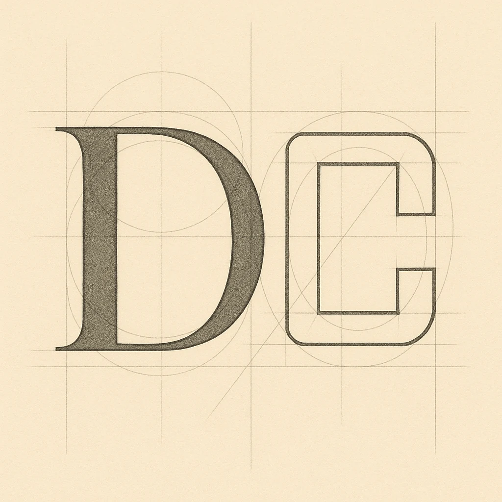 Construction study of the DC letterforms on parchment: a serif D and a machine-cut C drawn over their Bezier guides and design grid, the working drawing behind the mark.